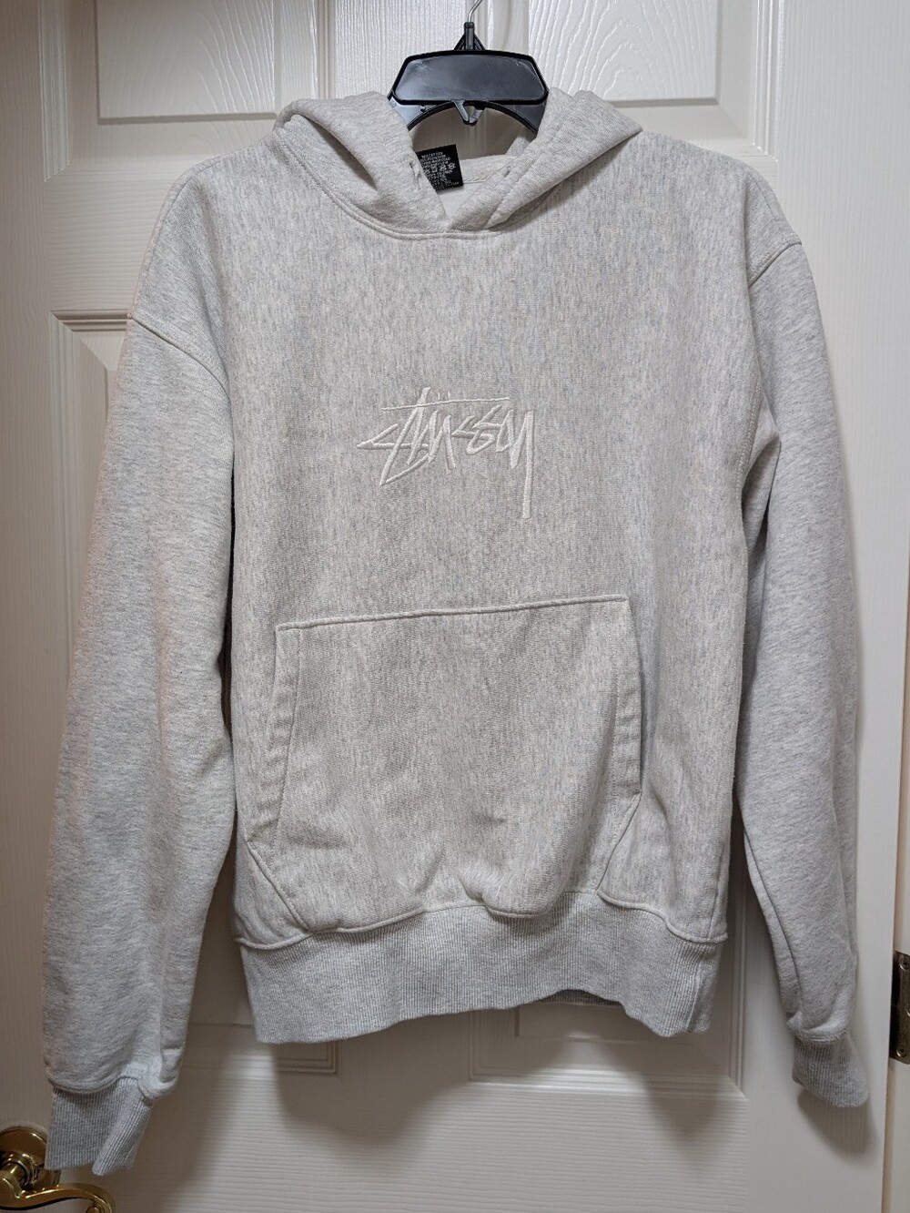 Stussy Stock Logo “Applique” Hoodie Heather White Gray Size Small S